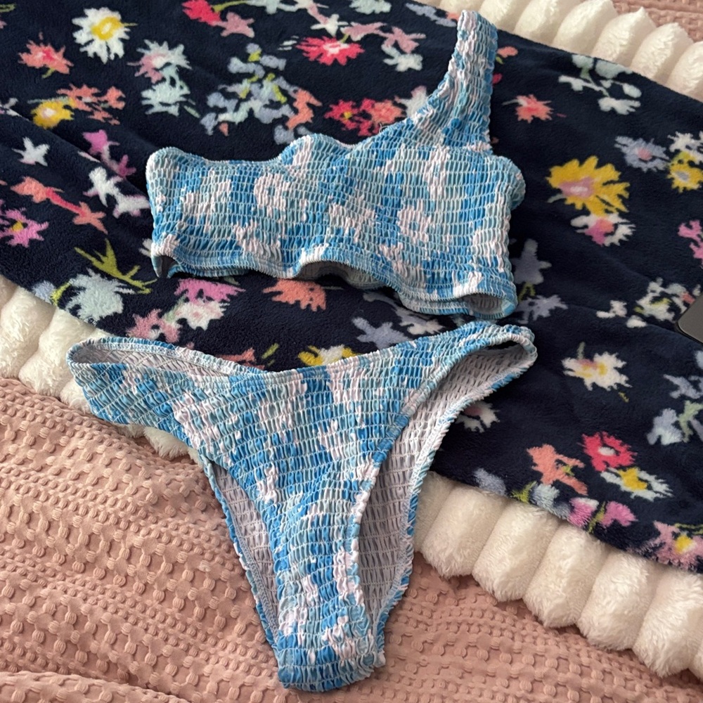Blue and White One-Shoulder Bikini Set